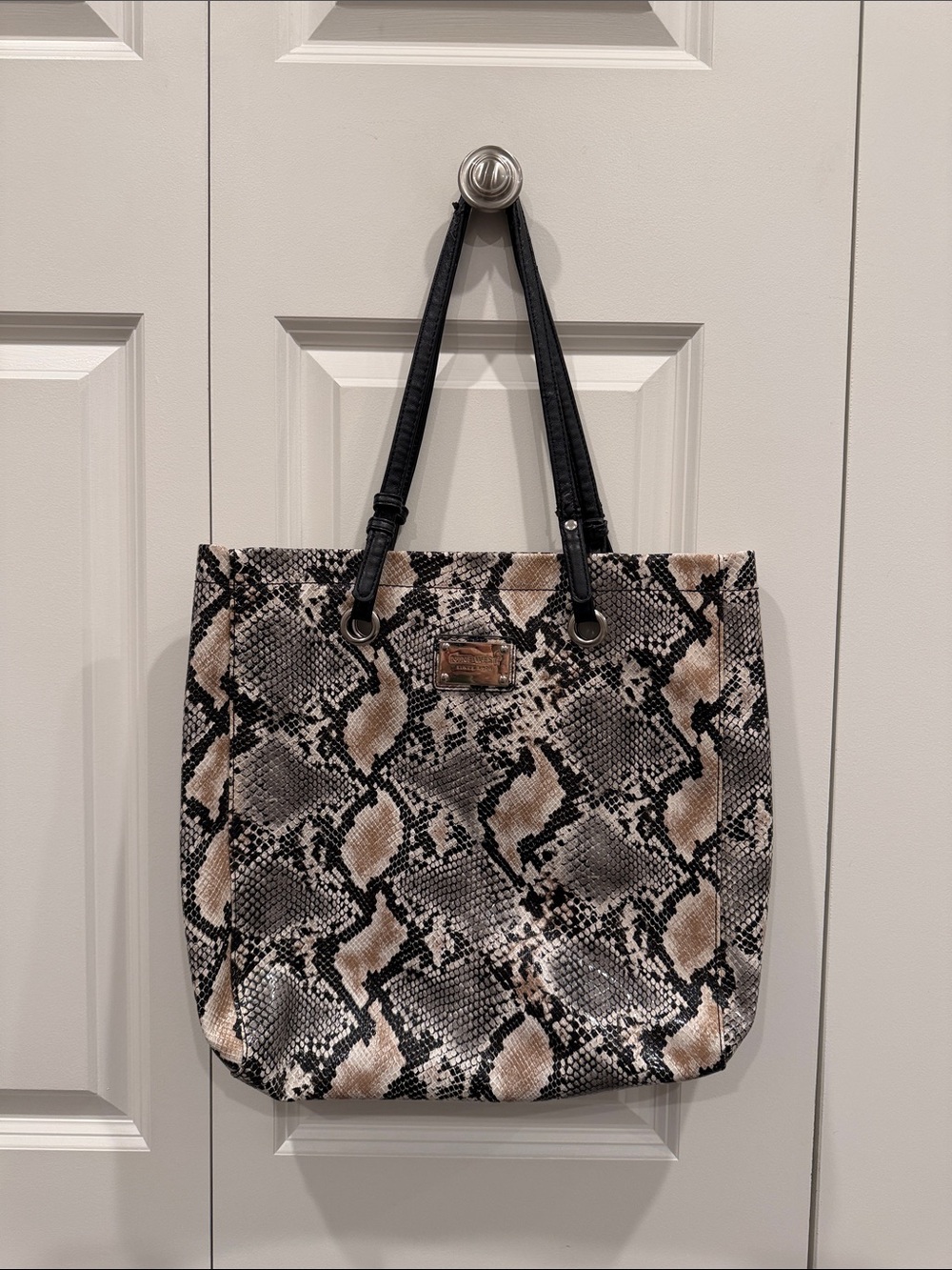 Nine West Snake-Print Tote in Black and Beige